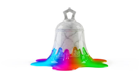 Marble showing marble bell with rainbow paint drip and ornate pattern on white background.の写真素材