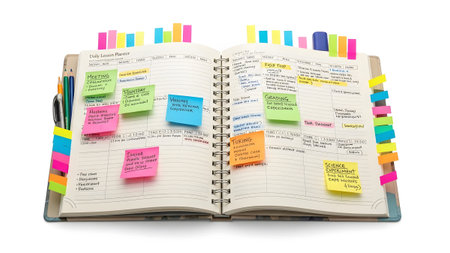 Sticky showing open daily lesson planner with colorful sticky notes and pens. resolution...