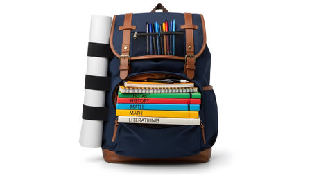 A navy blue backpack is packed with colorful books, notebooks, pens, and a rolled paper tube.