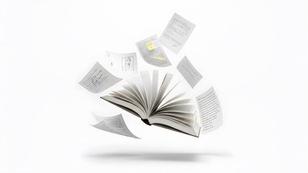 An open book with its pages fanned out and loose papers are floating around it against a clean...