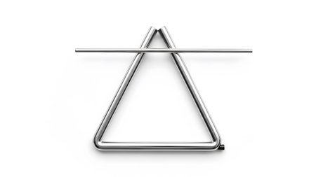 A polished chrome triangle musical instrument with a horizontal metal striker bar rests on a...