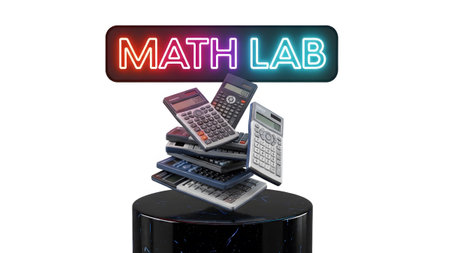 Blue showing neon sign math lab above pile of various calculators on a dark marble display...