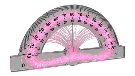 Fiber showing protractor with pink fiber optic strands forming a fan shape.