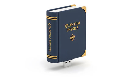 (991) showing quantum physics book usb drive with gold accents and atomic symbol on blue cover....