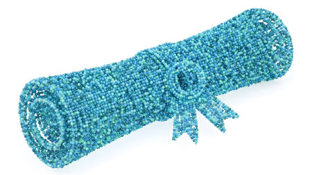 (647) showing rolled diploma scroll made of small blue and green beads with a ribbon on white...