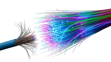 A blue cable with frayed wires is juxtaposed against a bundle of glowing fiber optic strands in...