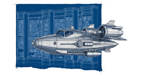 Showing steampunk airship in front of a blueprint of a library with bookshelves.