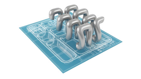 Metallic showing silver metallic abstract shapes arranged on a translucent blueprint grid...