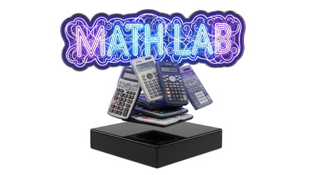 Sign showing stack of calculators displayed on a black platform with neon math lab...
