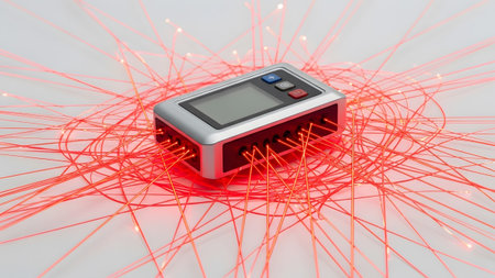 Fiber showing small electronic device emitting red light through fiber optic strands on white...