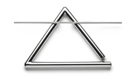 Metal showing silver musical triangle instrument with a metal beater on white.