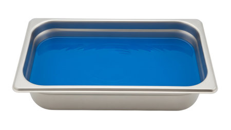 Lkjh showing stainless steel food pan filled with bright blue liquid and ripples.