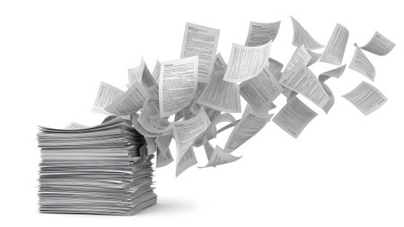 A large stack of papers with many loose documents scattering into the air against a white...