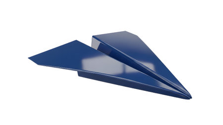 A dark blue metallic paper airplane with sharp geometric folds is presented on a plain white...