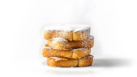 Showing stack of four slices of french toast dusted with powdered sugar on white...