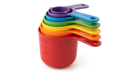 showing stack of rainbow colored measuring cups on white background. resolutionの写真素材