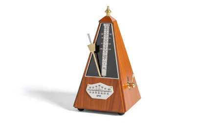 A classic wooden metronome with brass details and a visible BPM scale stands on a white surface.