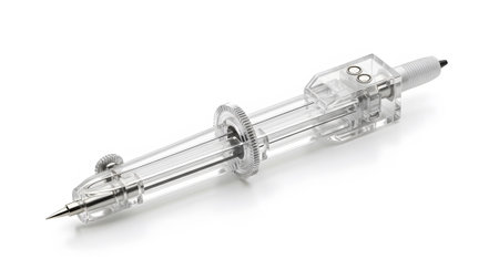 Medical showing transparent medical device with needle and gears on a white background.