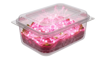 A clear plastic food container holds red organic matter with bright pink energy strands and...