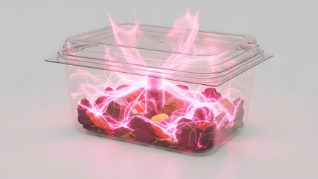 Emanating showing transparent food container filled with fruit and glowing pink energy bursts...