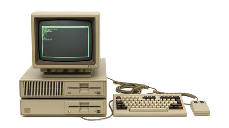 Vintage showing vintage beige personal computer with crt monitor keyboard and mouse on white....