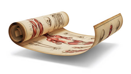 Chart showing unrolled vintage anatomical chart of human musculature and skeleton on......