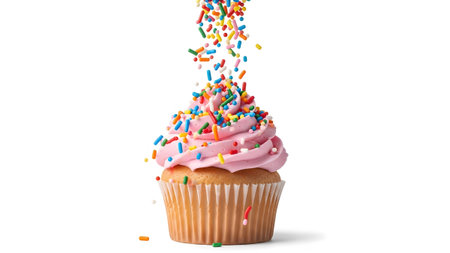 Showing vanilla cupcake with pink frosting and colorful sprinkles falling from above.