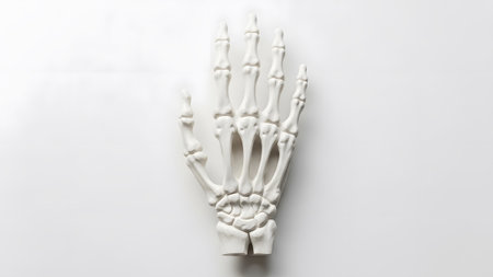 Showing white human skeleton hand model with fingers extended on a plain white background.