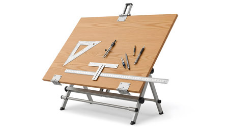 Table showing wooden drafting table with instruments including compass and rulers.