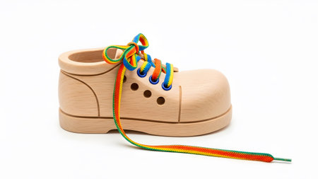 Wooden showing wooden lacing shoe toy with rainbow colored shoelaces tied in a bow.