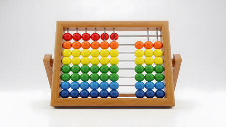 (283) showing wooden abacus with rainbow colored beads arranged in rows and columns.