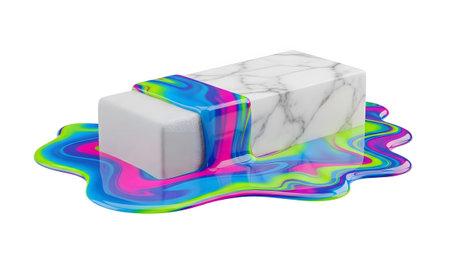 Eraser showing white eraser and marble block with swirling neon paint drip on white background....