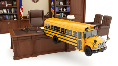 Setting showing yellow school bus partially on a wooden desk in an office setting with chairs....