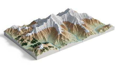 A detailed 3D topographical model snow-capped mountains, green forests, and winding rivers on a...