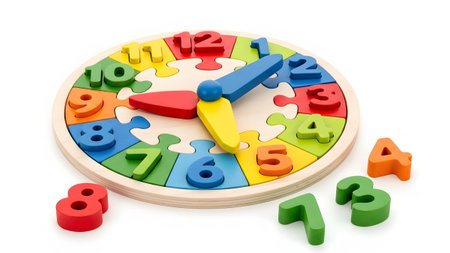 Wooden colorful wooden clock puzzle with loose number pieces on white background.