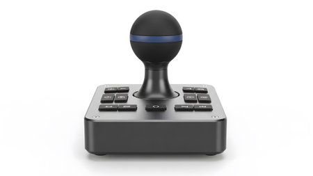 Gaming showing black gaming joystick with blue accent ring and multiple buttons on a square...
