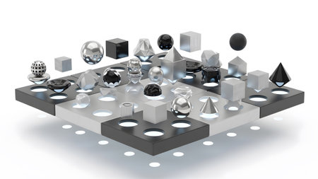 Array of geometric shapes on a multi-level platform. resolution