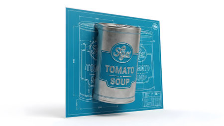 Silver showing silver tin can of tomato soup on a blue blueprint schematic.