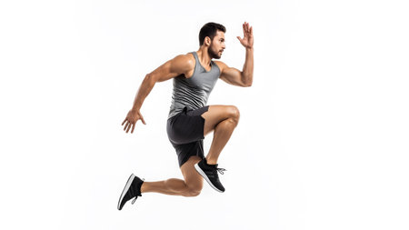 Expression showing athletic man in grey tank and black shorts mid-air jump with determined...