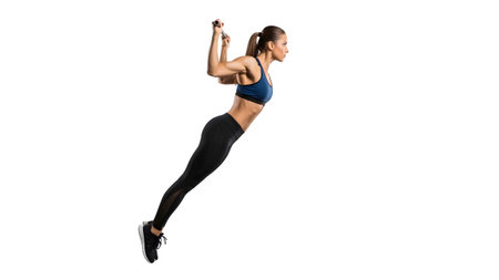 An athletic woman in a blue sports bra and black leggings is suspended in the air performing a...