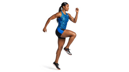 A female athlete in a blue patterned tank and black shorts performs a knee running motion.
