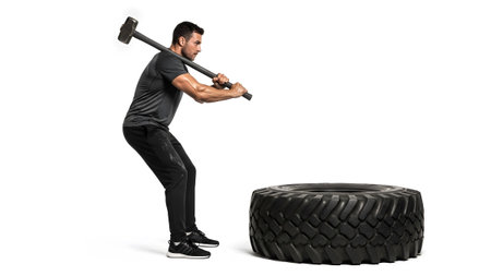 Shirt showing fit man with muscular arms swinging a heavy sledgehammer at a large black tire on...