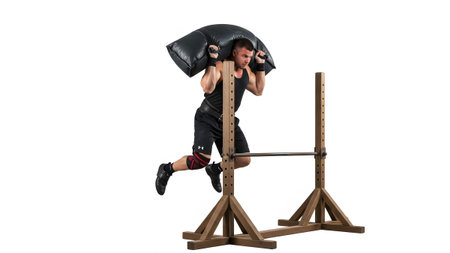 A man leaps over a wooden bar while carrying a large black sandbag on his shoulders in a dynamic...