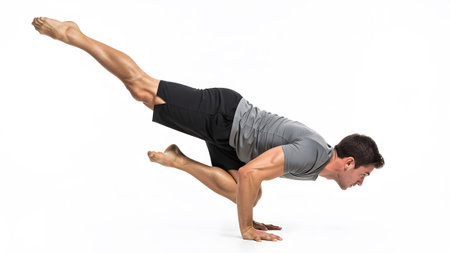 showing man in grey shirt and black shorts performing a yoga pose on white background....