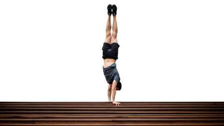 A man in athletic wear performs a handstand on dark wooden steps, his body inverted against a...