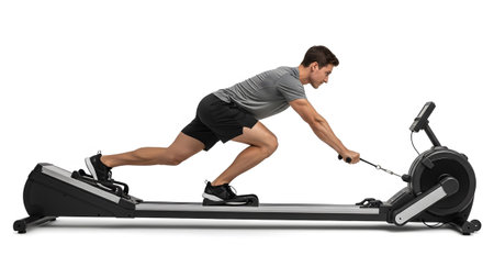 Frame showing man using rowing machine with cable pull on white background. resolution...