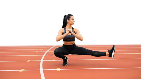 A woman in black athletic wear performs a side lunge on a red running track with hands clasped.