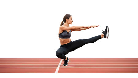 A woman in black athletic wear executes a pistol squat on a red running track with arms extended...