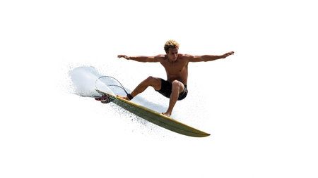 Surfing showing man surfing on a surfboard with water splashing on white background.