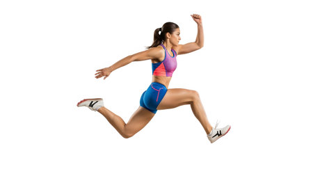 A female athlete in a pink and purple and blue shorts is captured mid-stride during a sprint on...